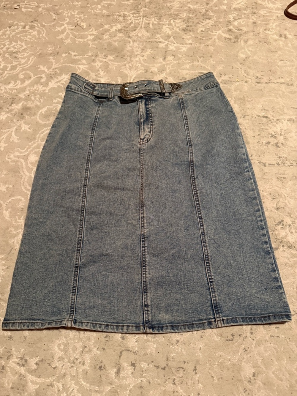 High-Rise Blue Denim Midi Skirt with Belt